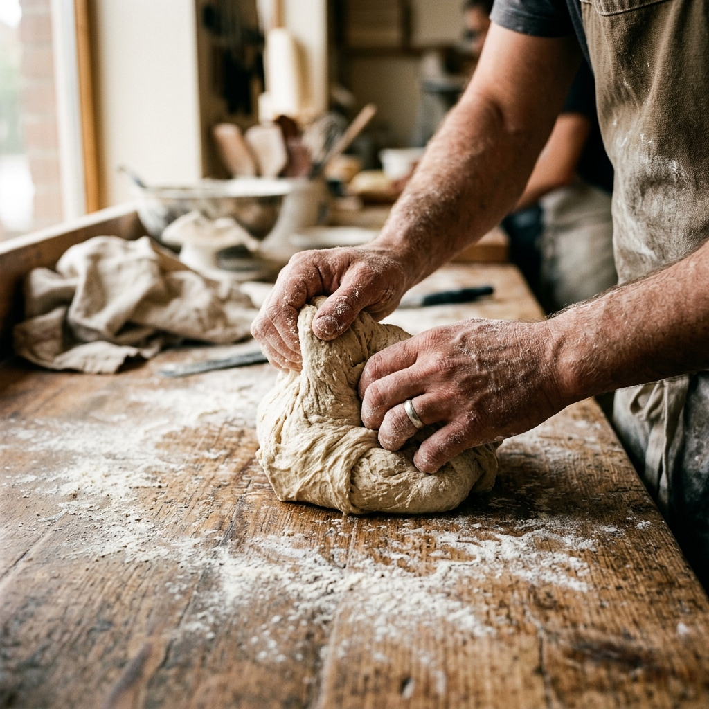 Baker kneading dough